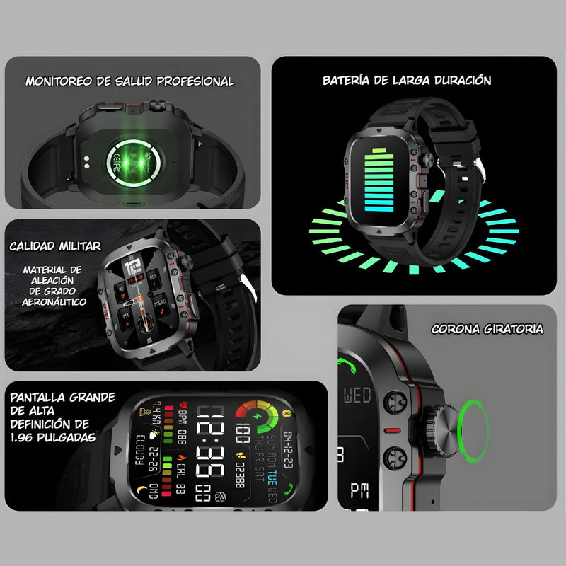 Smartwatch Con GPS Integrado Y Llamadas Bluetooth. Reloj Inteligente 1.96” HD.  Resistente al Agua 3ATM con Monitores de Salud. Color Negro.