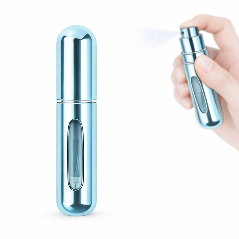 Atomizador de Perfume Recargable 5 ml Portátil. Mini Frasco Pulverizador de Metal Recargable y Compacto para Bolsillo, Bolsa o Equipaje. Color Azul Metálico