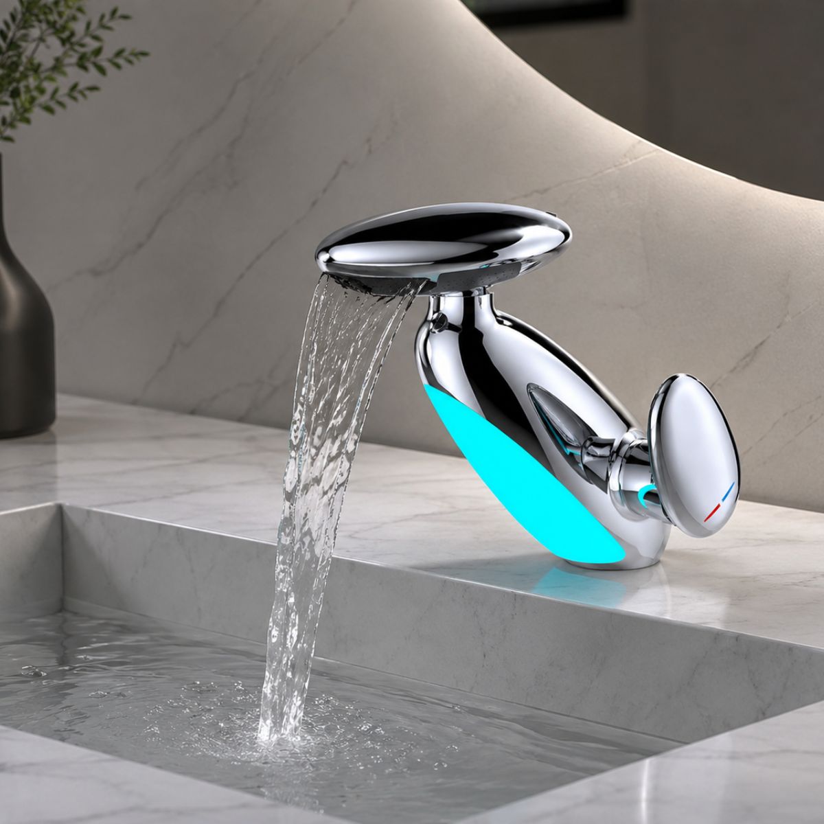 Llave de Lavamanos Cromada con Luz LED Indicadora de Temperatura. Grifo Mezclador con 4 Modos de Salida Tipo Cascada y Cabezal Extensible para Baño. Color Plateado