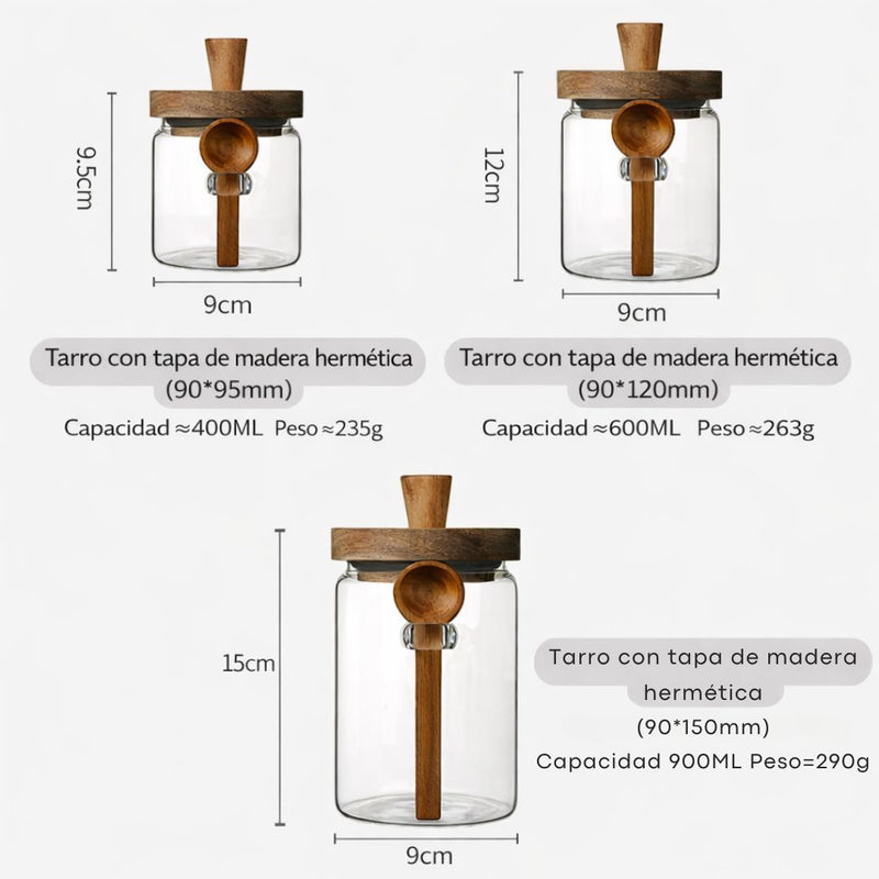 Frascos de Vidrio Herméticos para Alimentos con Tapa de Madera y Cuchara (Set de 3 piezas). Tarros de Almacenamiento. Recipientes de cocina.
