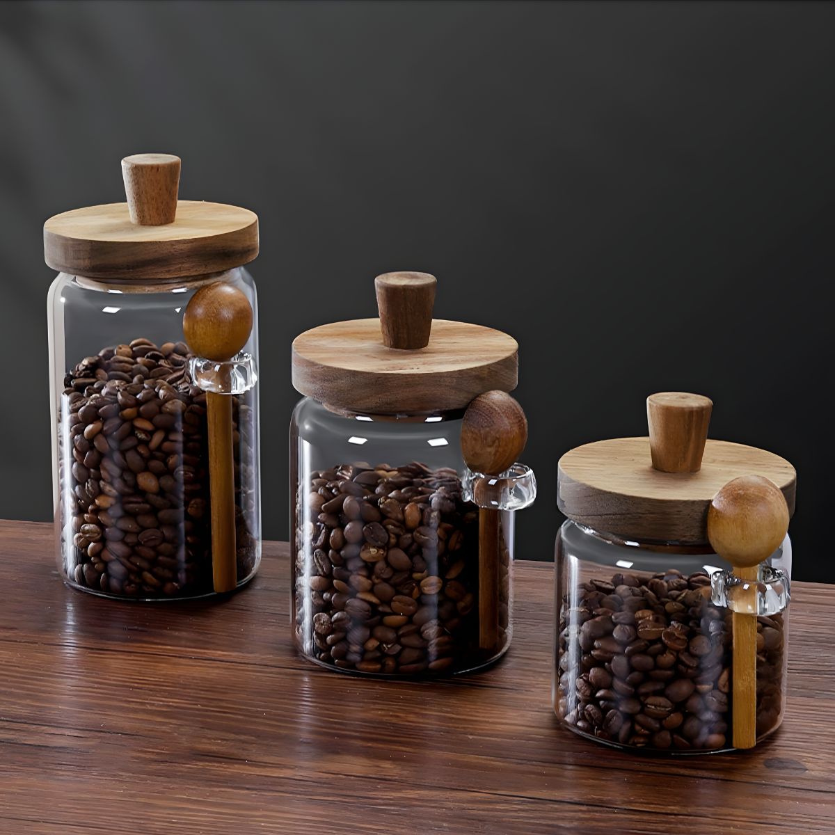 Frascos de Vidrio Herméticos para Alimentos con Tapa de Madera y Cuchara (Set de 3 piezas). Tarros de Almacenamiento. Recipientes de cocina.