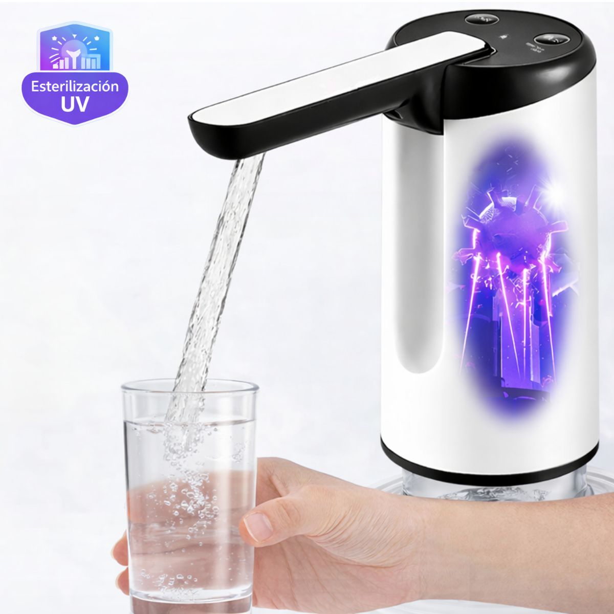 Dispensador de Agua Eléctrico con Esterilización UV. Bomba Automática Recargable USB-C, Diseño Plegable Portátil de ABS con Modos 12s/60s/Continuo para Garrafones