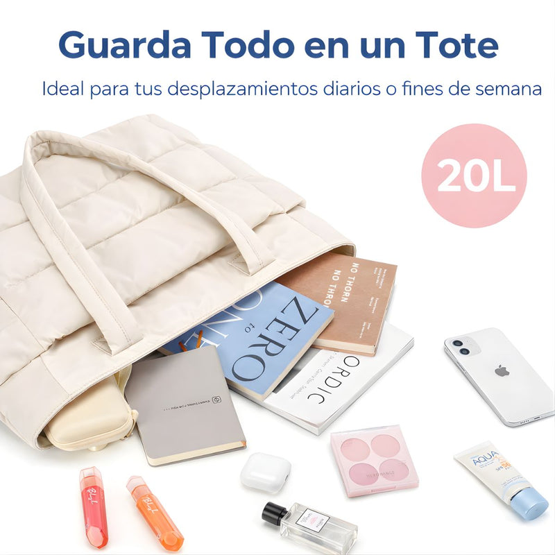 Bolso Tote Acolchado Grande Para Laptop 15.6". Bolsa universitaria De Hombro Ligera Con Múltiples Bolsillos Y Capacidad 20L. Color blanco.