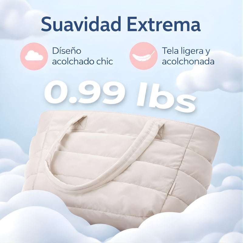 Bolso Tote Acolchado Grande Para Laptop 15.6". Bolsa universitaria De Hombro Ligera Con Múltiples Bolsillos Y Capacidad 20L. Color blanco.