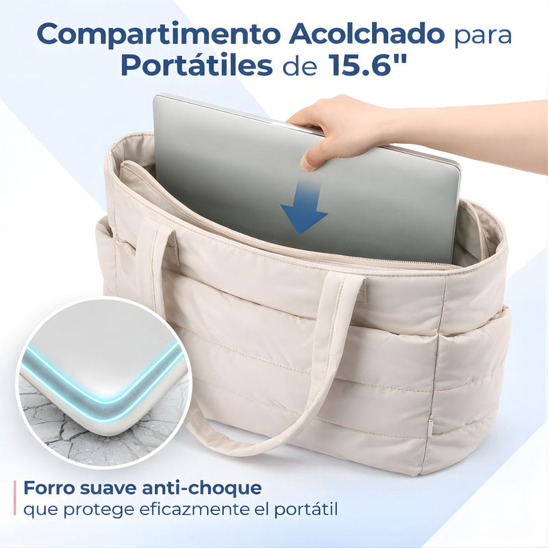 Bolso Tote Acolchado Grande Para Laptop 15.6". Bolsa universitaria De Hombro Ligera Con Múltiples Bolsillos Y Capacidad 20L. Color blanco.