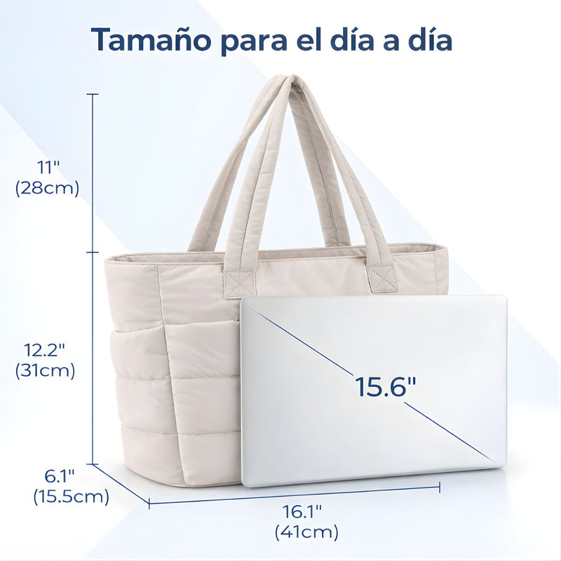 Bolso Tote Acolchado Grande Para Laptop 15.6". Bolsa universitaria De Hombro Ligera Con Múltiples Bolsillos Y Capacidad 20L. Color blanco.