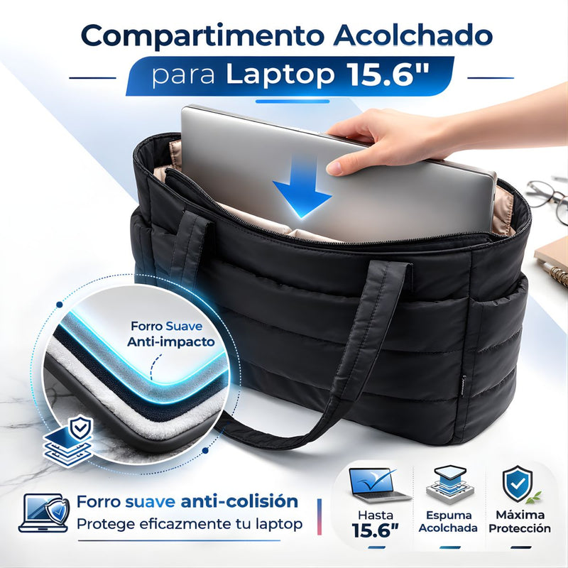 Bolso Tote Acolchado Grande Para Laptop 15.6". Bolso Universitario De Hombro Ligera Con Múltiples Bolsillos Y Capacidad 20L. Color negro.