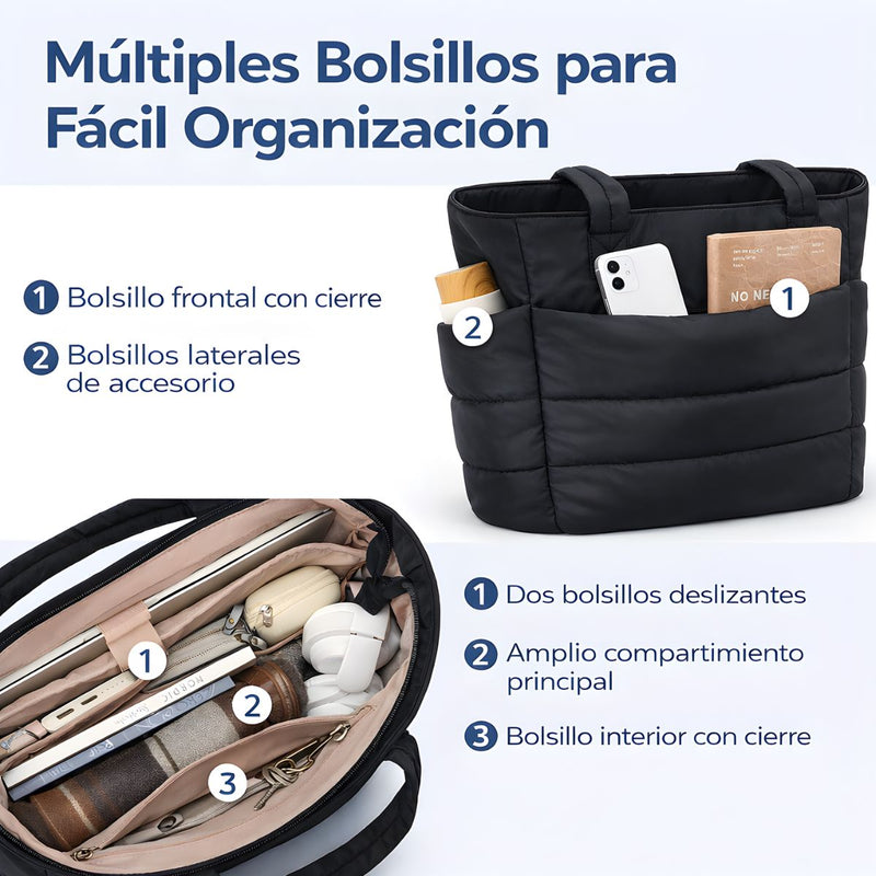 Bolso Tote Acolchado Grande Para Laptop 15.6". Bolso Universitario De Hombro Ligera Con Múltiples Bolsillos Y Capacidad 20L. Color negro.