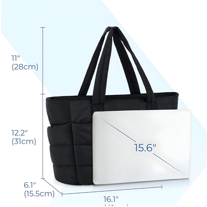 Bolso Tote Acolchado Grande Para Laptop 15.6". Bolso Universitario De Hombro Ligera Con Múltiples Bolsillos Y Capacidad 20L. Color negro.