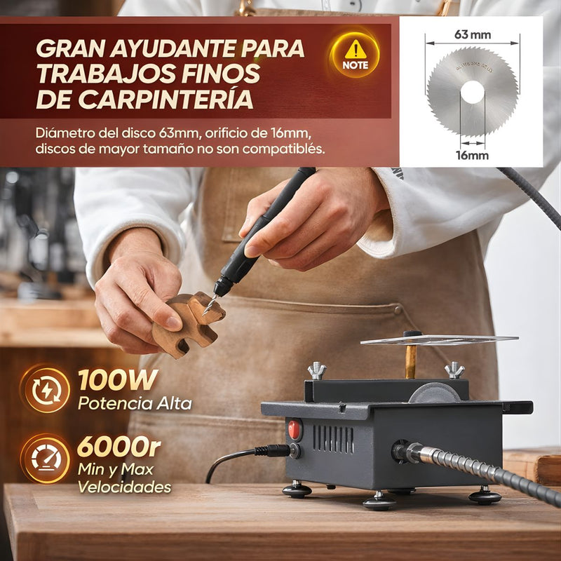 Sierra de Mesa Multifuncional 100W 6000rpm con Corte en Ángulo 0–90°. Mini mototool de Banco con Eje Flexible 110V. Incluye discos y accesorios.