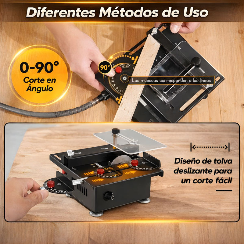 Sierra de Mesa Multifuncional 100W 6000rpm con Corte en Ángulo 0–90°. Mini mototool de Banco con Eje Flexible 110V. Incluye discos y accesorios.