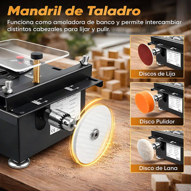 Sierra de Mesa Multifuncional 100W 6000rpm con Corte en Ángulo 0–90°. Mini mototool de Banco con Eje Flexible 110V. Incluye discos y accesorios.