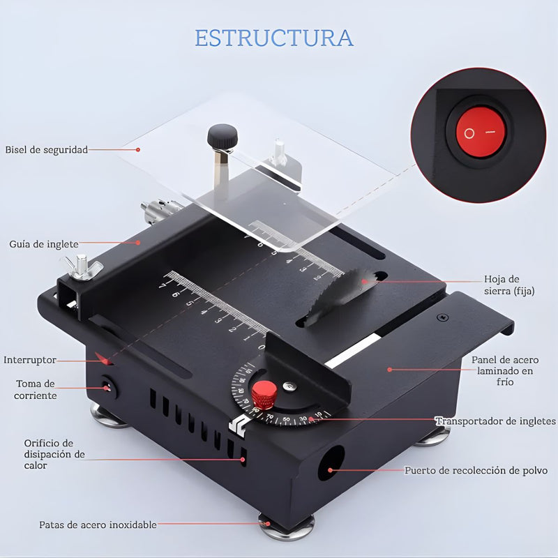 Sierra de Mesa Multifuncional 100W 6000rpm con Corte en Ángulo 0–90°. Mini mototool de Banco con Eje Flexible 110V. Incluye discos y accesorios.