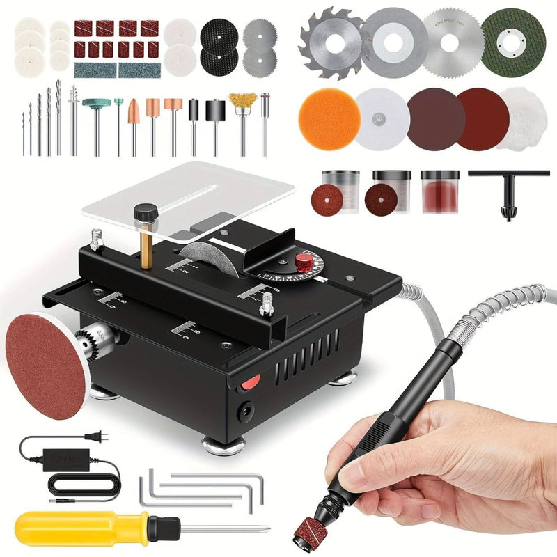 Sierra de Mesa Multifuncional 100W 6000rpm con Corte en Ángulo 0–90°. Mini mototool de Banco con Eje Flexible 110V. Incluye discos y accesorios.