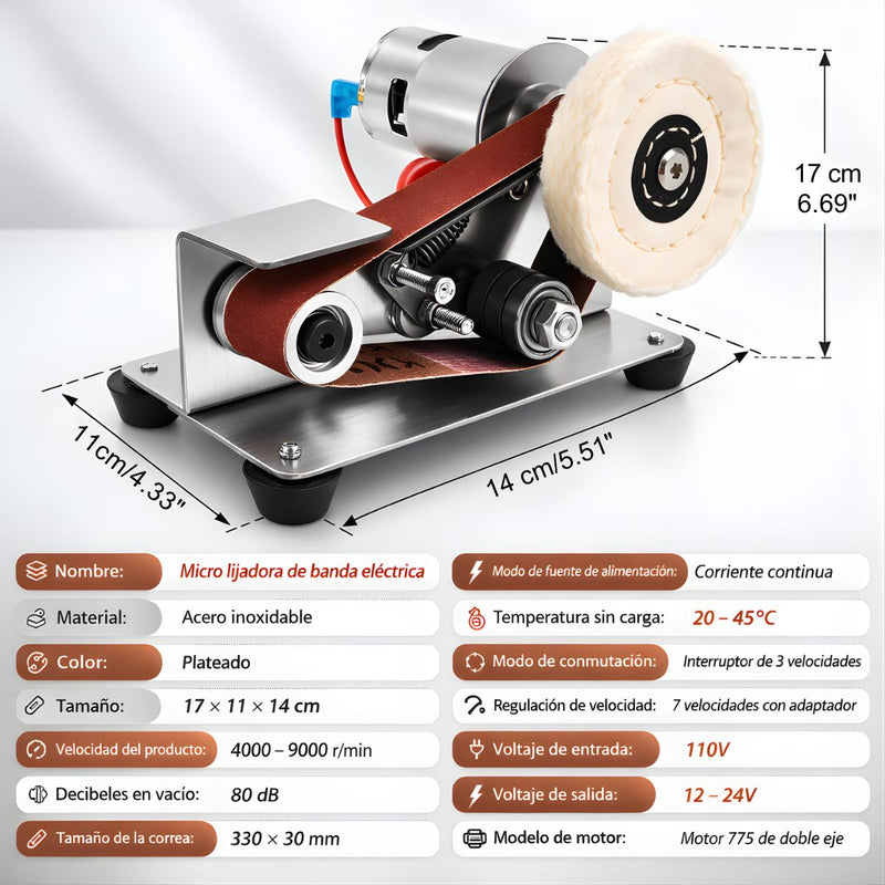 Lijadora de Banda 9000RPM con Motor 775 de Doble Eje. Afilador de Herramientas 110V con Control de 7 Velocidades. Incluye 30 Bandas de Lija y Accesorios.