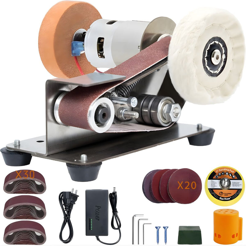 Lijadora de Banda 9000RPM con Motor 775 de Doble Eje. Afilador de Herramientas 110V con Control de 7 Velocidades. Incluye 30 Bandas de Lija y Accesorios.
