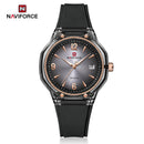 Naviforce Reloj Analógico negro con detalles dorados con Correa de Silicona, Diámetro de 36 mm, Cristal Acrílico HD y Resistencia al Agua 5 ATM