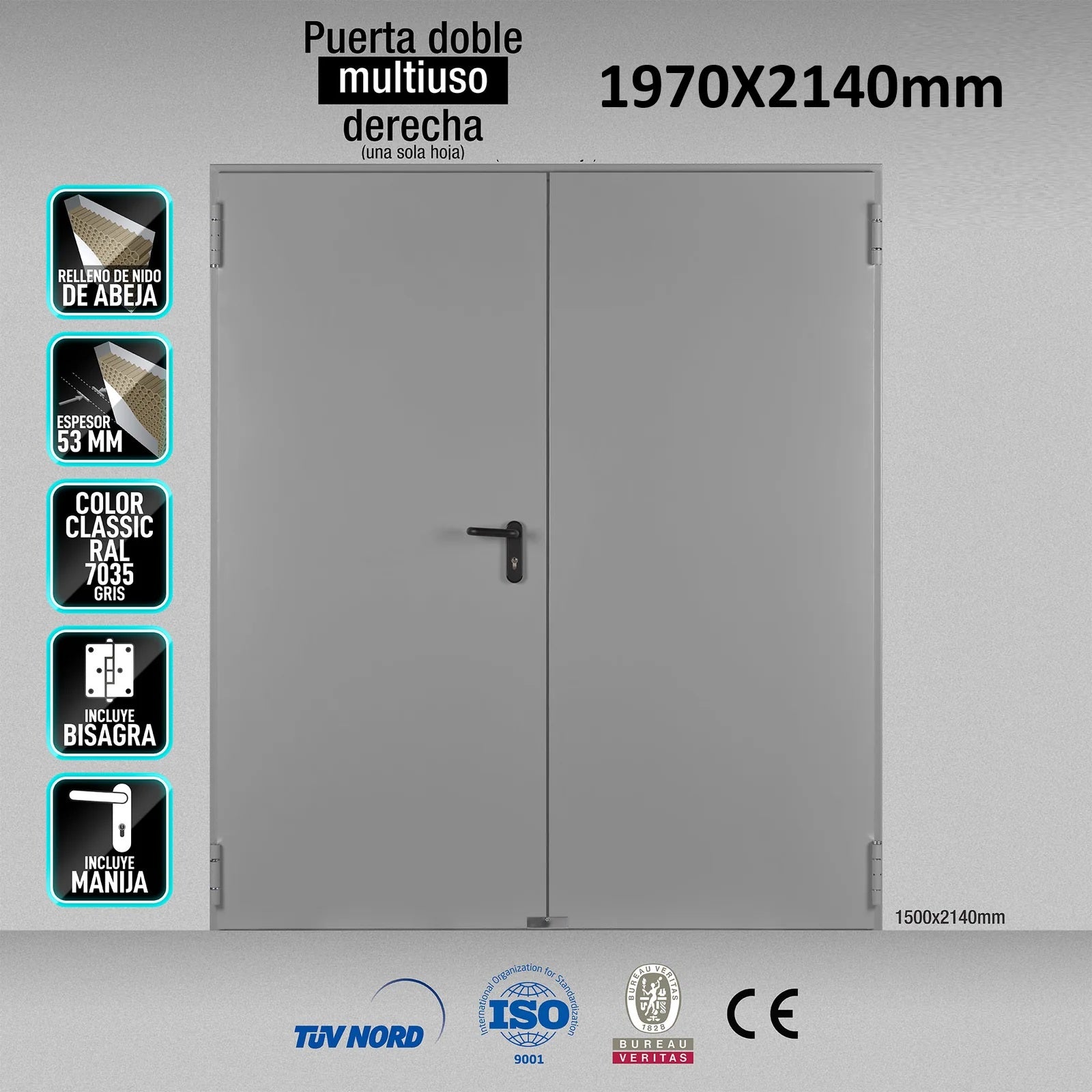 Puerta Doble Multiuso DERECHA 1970X2140mm marco MC3 color Gris 7035