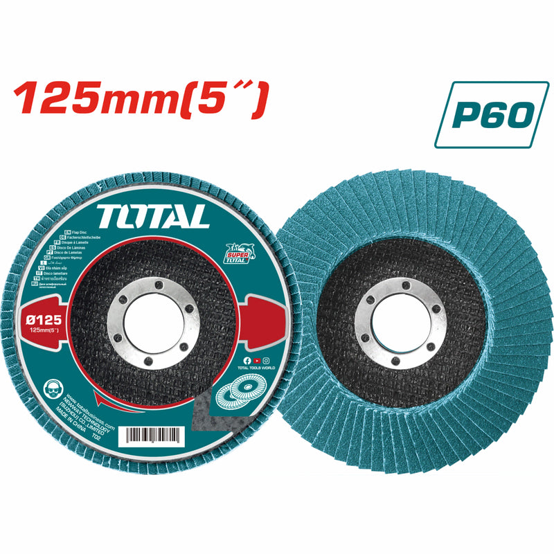 Disco Flap de óxido de circonio P60 5''x7/8'' Ideal para acero inoxidable, aprobado por AMP. FlapDisc de Circonio. Disco Desbaste.