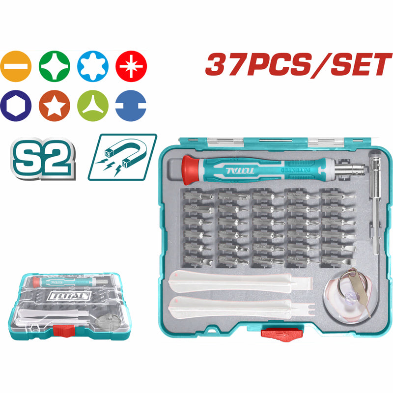 Destornilladores de precision variado 37 pzas. 1 Mango de Plastico. 1 Soporte para broca con Accesorios. Ideal para Reparaciones de Móviles y Electrónica.