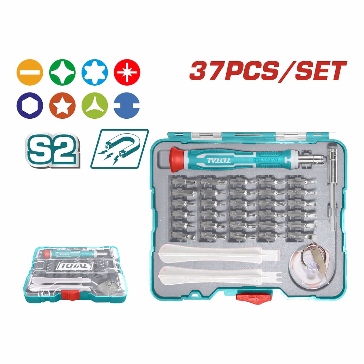 Destornilladores de precision variado 37 pzas. 1 Mango de Plastico. 1 Soporte para broca con Accesorios. Ideal para Reparaciones de Móviles y Electrónica.