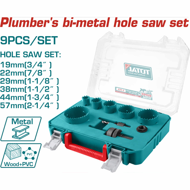 Brocas circulares sierras de orificio sacabocados bimetal. Tamaños: 19mm a 57mm. Incluye 2 vástagos hexagonales y adaptador. Ideal para plomeria fontanería. Set 9 piezas. Copas