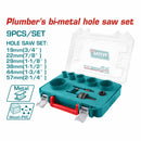 Brocas circulares sierras de orificio sacabocados bimetal. Tamaños: 19mm a 57mm. Incluye 2 vástagos hexagonales y adaptador. Ideal para plomeria fontanería. Set 9 piezas. Copas