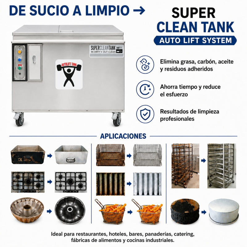 Tanque de Limpieza Industrial Super Clean Tank Auto Lift 900x700x830mm para Cocinas Comerciales