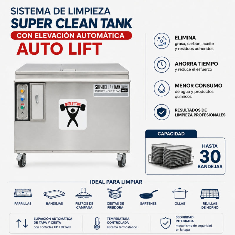 Tanque de Limpieza Industrial Super Clean Tank Auto Lift 900x700x830mm para Cocinas Comerciales