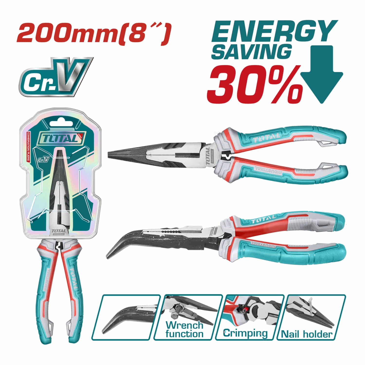 Alicates de punta doblada de alto apalancamiento 8" Ahorro de energía 30% Cr-V. Tratamiento superficial. Acabado negro y pulido. Con función de engarzado, corta uñas y llave inglesa.