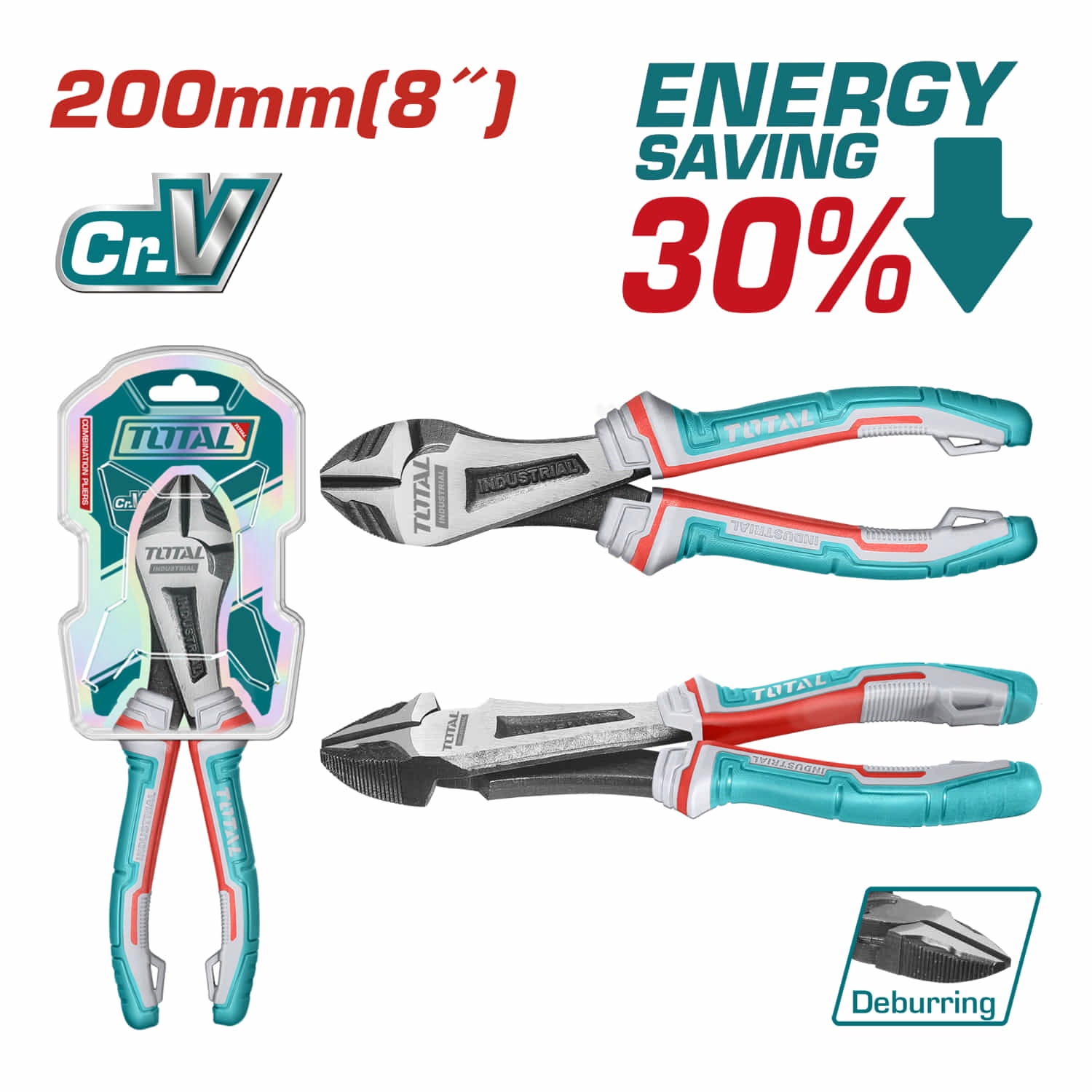 Alicates de corte diagonal de trabajo pesado de 8" Cr-V. De alto apalancamiento. Ahorro de energía 30% Con función de desbarbado. Acabado negro y pulido.