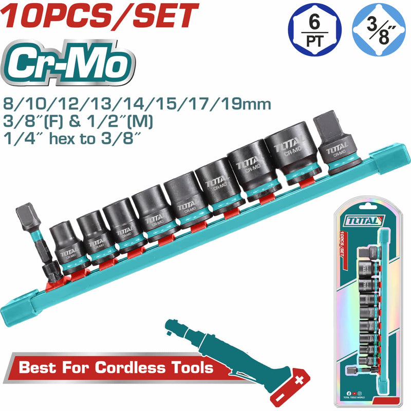 Dados Socket de Impacto 3/8" 8-14mm. Cr-Mo. Tratamiento térmico. Set de 10 piezas.