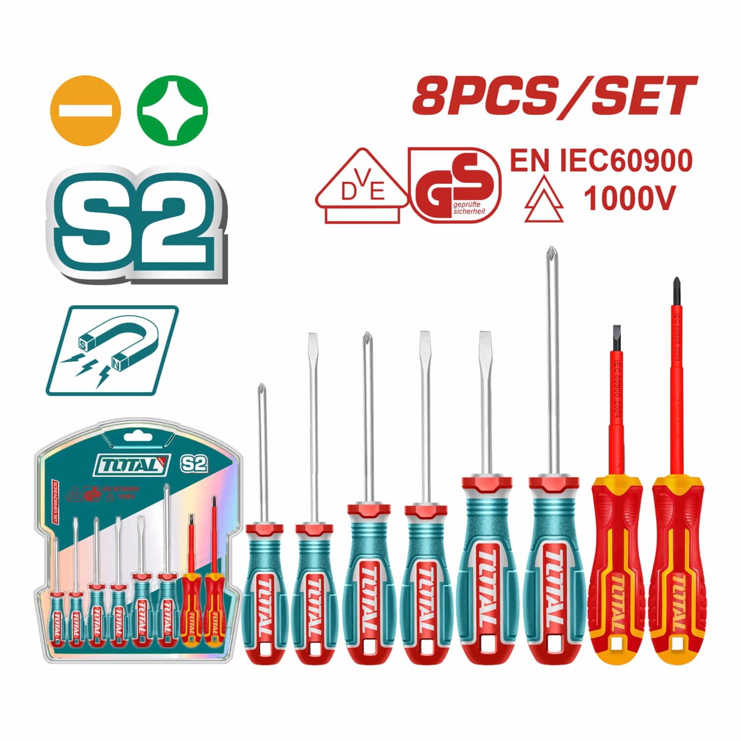 Destornilladores PH, SL, S2 Cr-V (6 piezas) y Destornilladores Aislados 1000V, VDE+GS (2 piezas) Vástago redondo. Magnético.