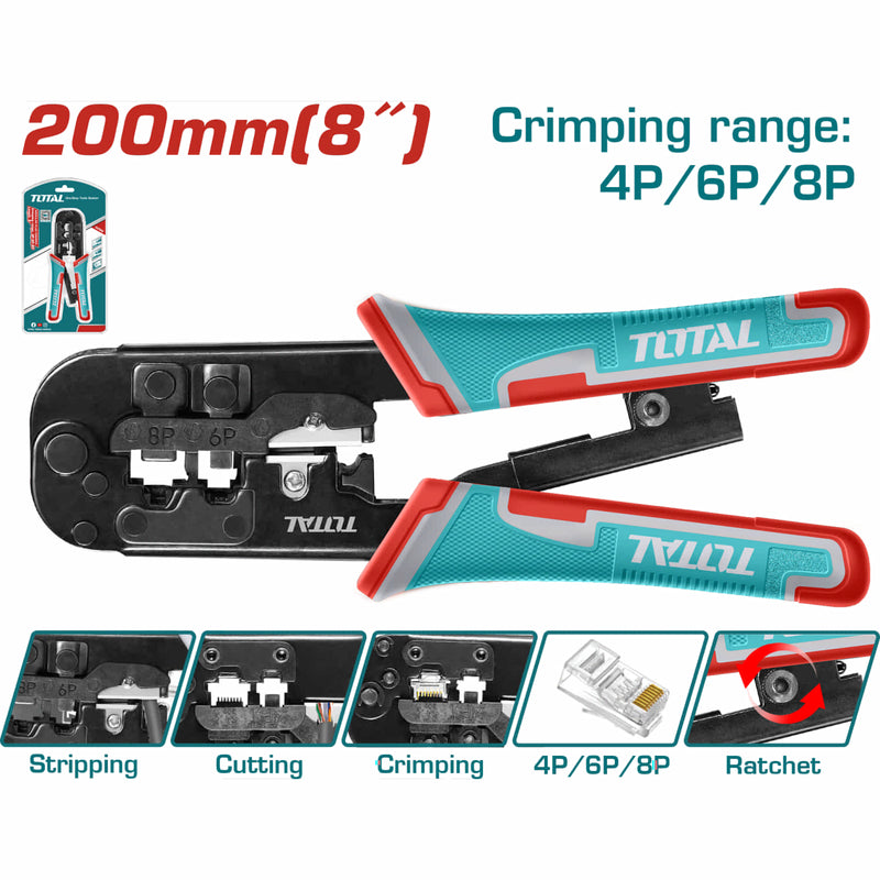 Crimpadora electricidad de Enchufe Modular 8" Rango de 4P,6P,8P Tres funciones Engarzado, pelado, corte. Mango PVC. Pinza Crimpadora cables electricos