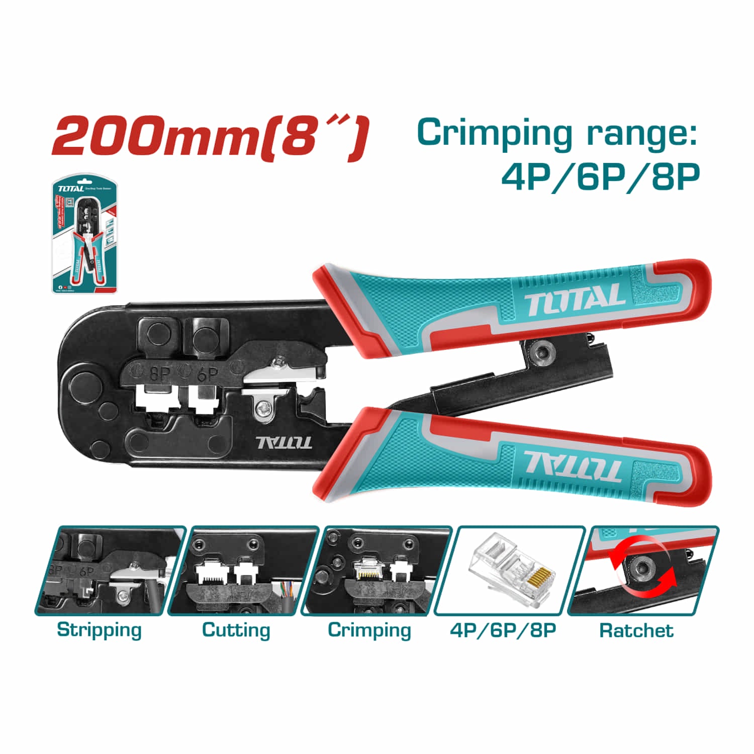 Crimpadora electricidad de Enchufe Modular 8" Rango de 4P,6P,8P Tres funciones Engarzado, pelado, corte. Mango PVC. Pinza Crimpadora cables electricos