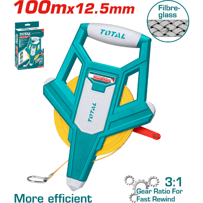 Cinta métrica de acero 100mx12.5mm. Métrico y pulgadas. Auto enrollable 3:1