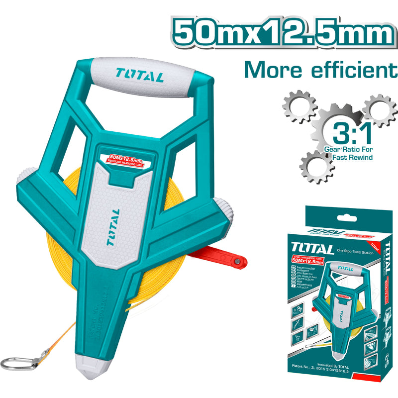 Cinta métrica de acero 50 mts x 12.5 mm. Métrico y pulgadas. Auto enrollable 3:1