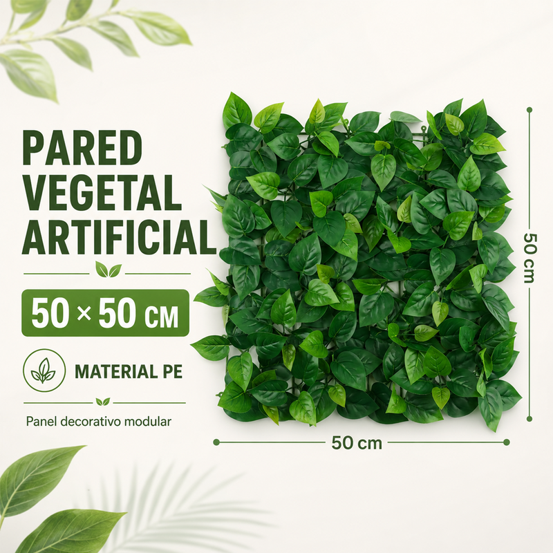 Follaje Artificial Verde Decorativo Para Pared Interior Y Exterior Con Protección UV (50x50cm)