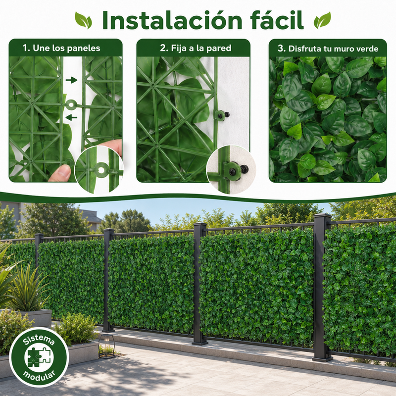 Follaje Artificial Verde Decorativo Para Pared Interior Y Exterior Con Protección UV (50x50cm)