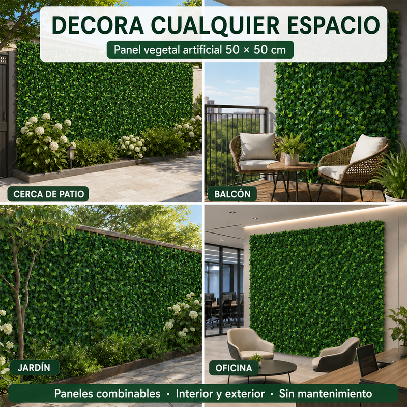 Follaje Artificial Verde Decorativo Para Pared Interior Y Exterior Con Protección UV (50x50cm)