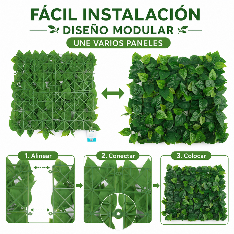 Follaje Artificial Verde Decorativo Para Pared Interior Y Exterior Con Protección UV (50x50cm)