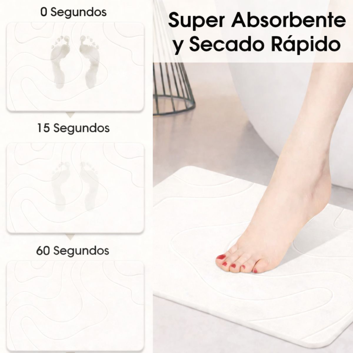 Alfombra De Baño de diatomeas Super Absorbente Antideslizante. Tapete baño De Secado Rápido. Color Blanco 60x39cm