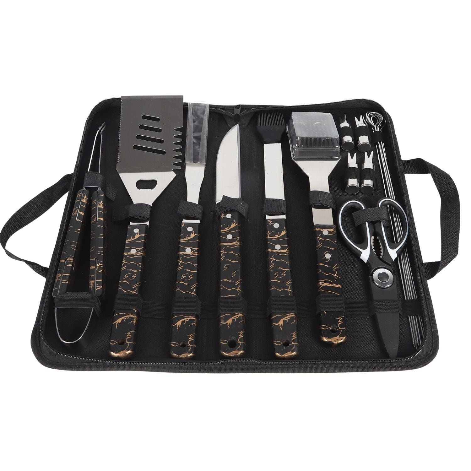 Cubiertos para  BBQ Camping al Aire Libre de acero inoxidable con estuche portátil de tela. Set de 18 piezas. Kit de Accesorios para BBQ Parrillada.