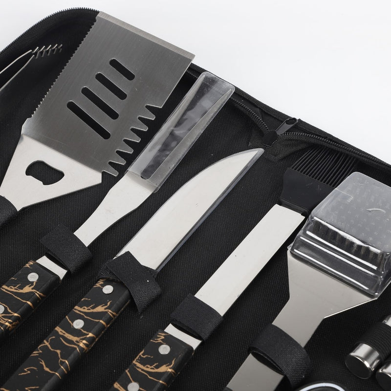 Cubiertos para  BBQ Camping al Aire Libre de acero inoxidable con estuche portátil de tela. Set de 18 piezas. Kit de Accesorios para BBQ Parrillada.