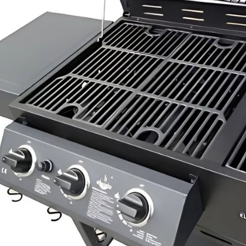 Parrilla híbrida de combustible dual gas y carbón 195 cm hierro con tapa, estante y caja de ahumado. Asador de Gas y Carbón Barbacoa asador