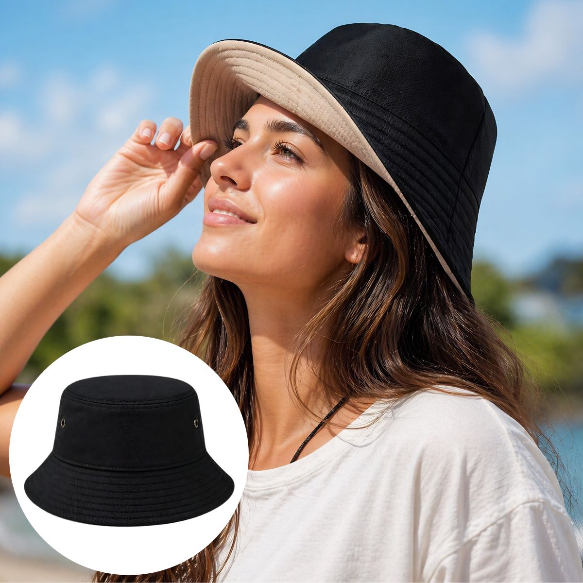 Sombrero Pescador Reversible Doble Cara Con Protección UV UPF50+. Gorro Unisex Ajustable 55–60 Cm. Color Negro por un lado Y Beige por otro lado