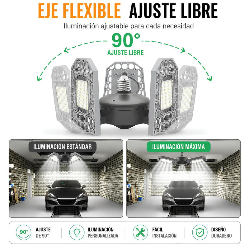 Lámpara LED Ajustable para Garaje 100W E27. Luz Blanca con Paneles Plegables 90°. Foco Bombillo para Taller, Depósito y Almacén.