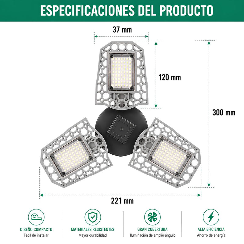 Lámpara LED Ajustable para Garaje 100W E27. Luz Blanca con Paneles Plegables 90°. Foco Bombillo para Taller, Depósito y Almacén.