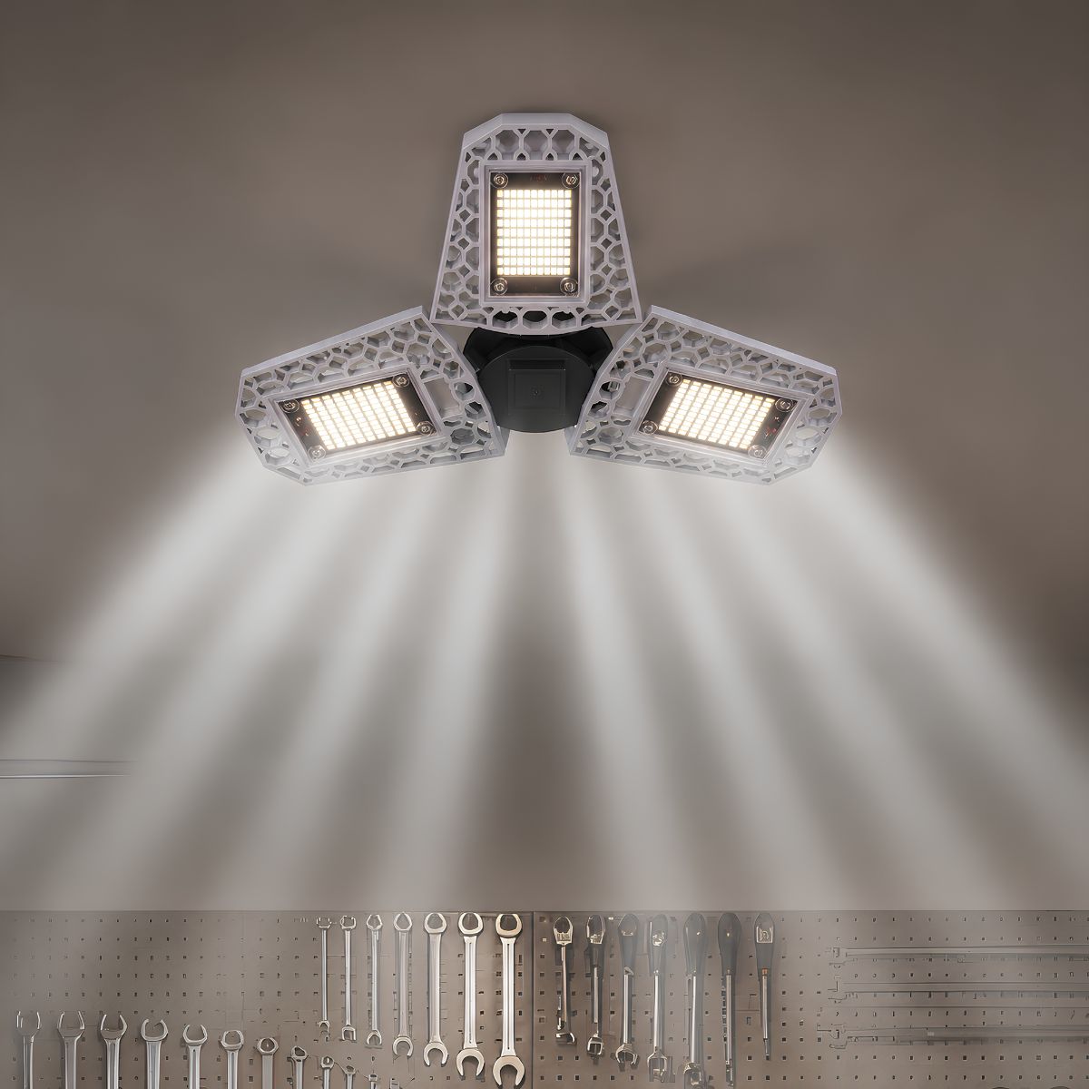 Lámpara LED Ajustable para Garaje 100W E27. Luz Blanca con Paneles Plegables 90°. Foco Bombillo para Taller, Depósito y Almacén.