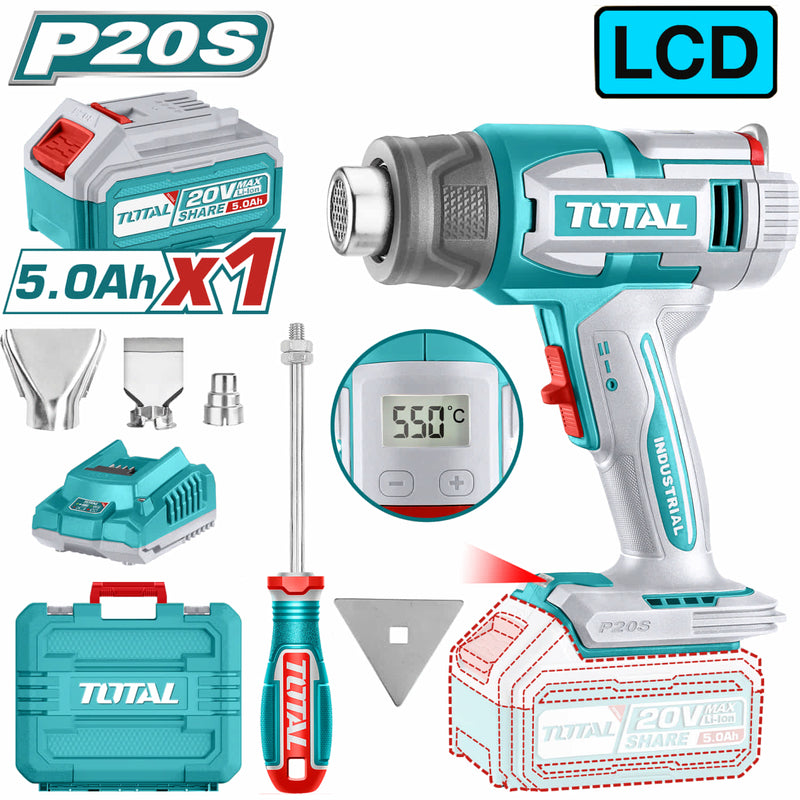 Pistola De Calor Inalámbrica. 20V. Temperatura 30-300℃/30-550°C. Pantalla LCD. Incluye Batería y Cargador y Accesorios. Blower aire